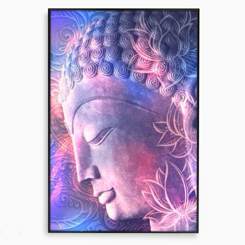 Tablou canvas cu tablou vertical cu profil de buddha, in rama de aluminiu negru
