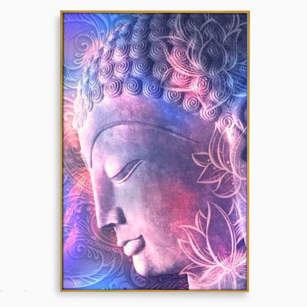 Tablou canvas cu tablou vertical cu profil de buddha, in rama de aluminiu auriu