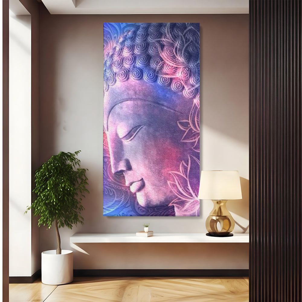 Tablou canvas cu tablou vertical cu profil de buddha, fara rama, pe sasiu de lemn