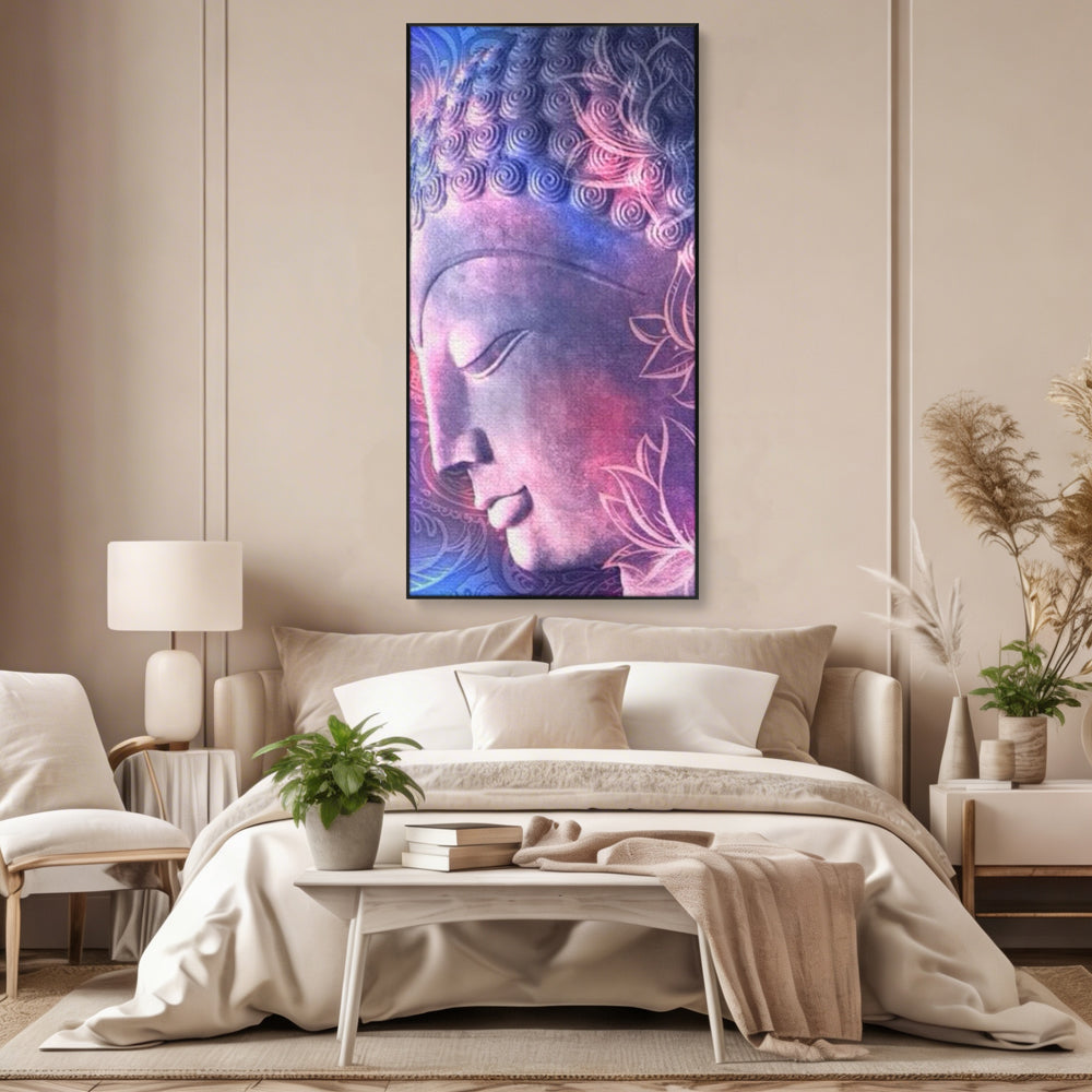 Tablou canvas cu tablou vertical cu profil de buddha, in rama de aluminiu negru, pe perete intr-un dormitor