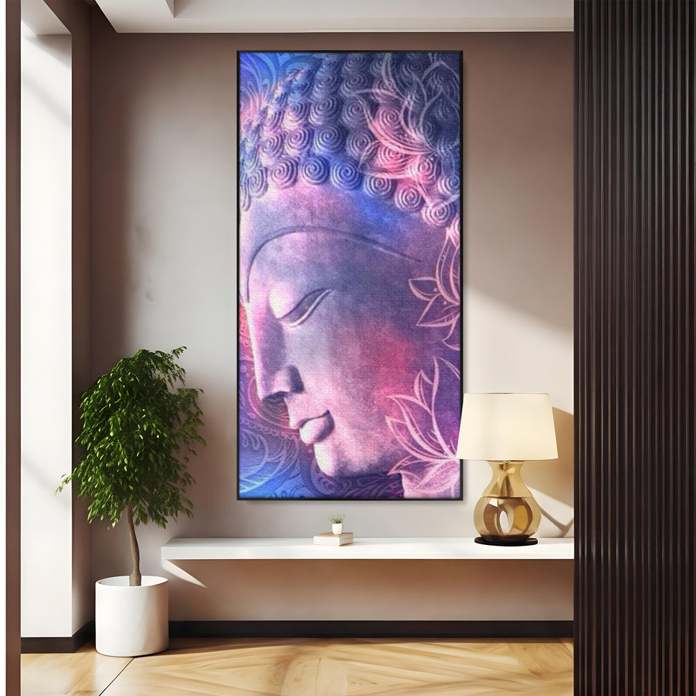 Tablou canvas cu tablou vertical cu profil de buddha, in rama de aluminiu negru
