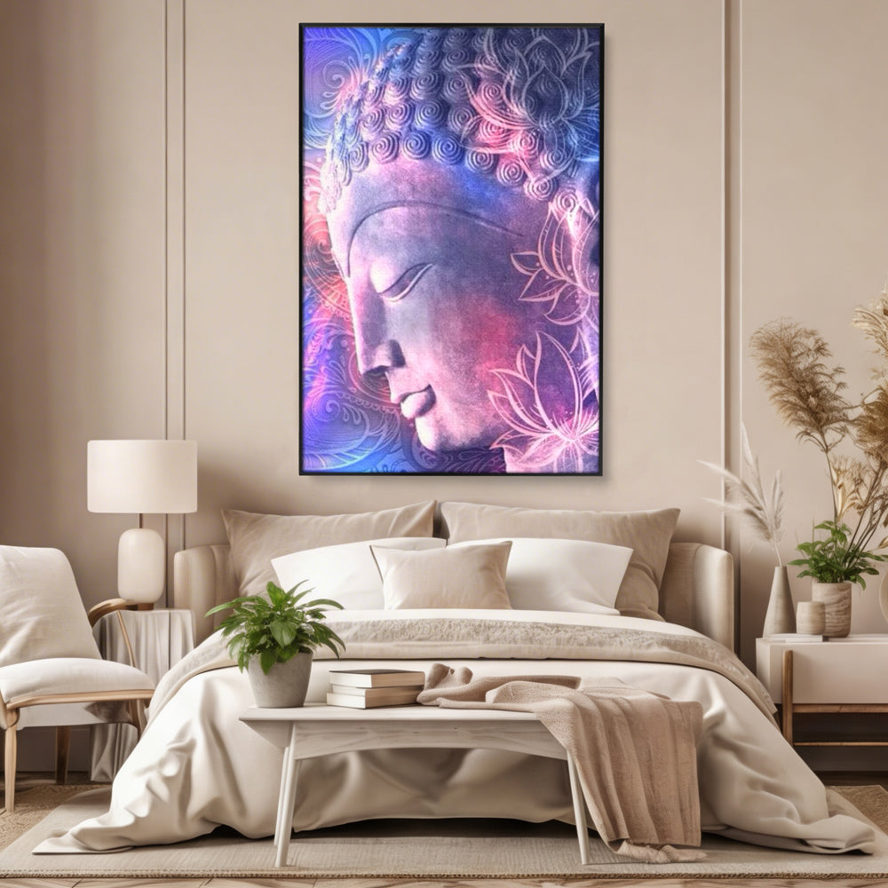 Tablou canvas cu tablou vertical cu profil de buddha, in rama de aluminiu negru, pe perete intr-un dormitor