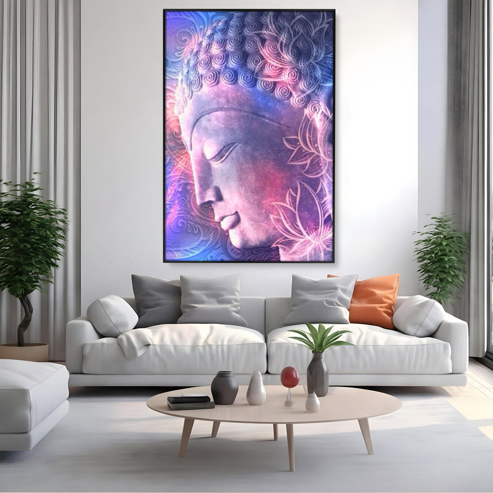 Tablou canvas cu tablou vertical cu profil de buddha, in rama de aluminiu negru, pe perete intr-un living