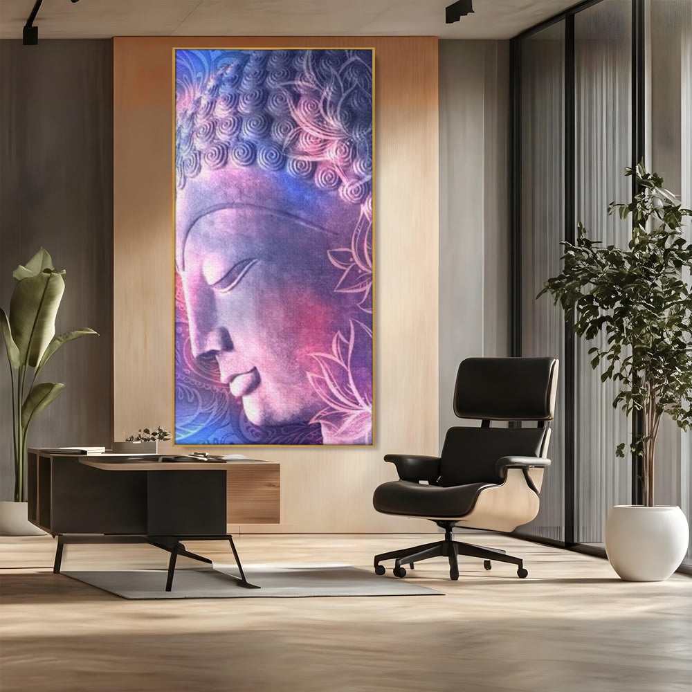 Tablou canvas cu tablou vertical cu profil de buddha, in rama de aluminiu auriu, pe perete intr-un birou