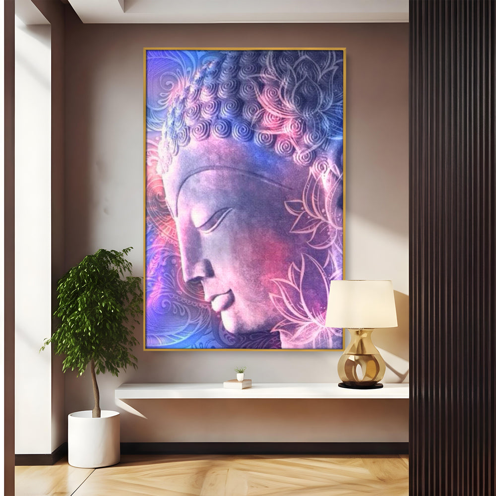 Tablou canvas cu tablou vertical cu profil de buddha, in rama de aluminiu auriu