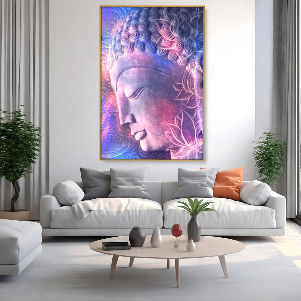 Tablou canvas cu tablou vertical cu profil de buddha, in rama de aluminiu auriu, pe perete intr-un living