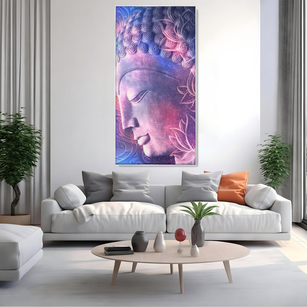 Tablou canvas cu tablou vertical cu profil de buddha, in rama de aluminiu argintiu, pe perete intr-un living