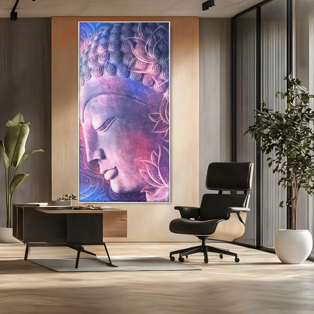 Tablou canvas cu tablou vertical cu profil de buddha, in rama de aluminiu argintiu, pe perete intr-un birou