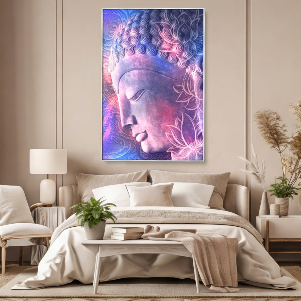Tablou canvas cu tablou vertical cu profil de buddha, in rama de aluminiu argintiu, pe perete intr-un dormitor