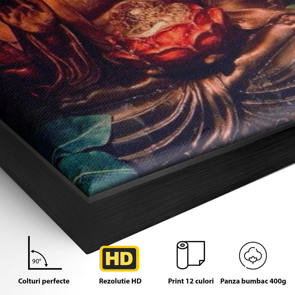 Detaliu al suprafetei: tablou canvas cu statuie buddha in meditatie, in rama de aluminiu negru