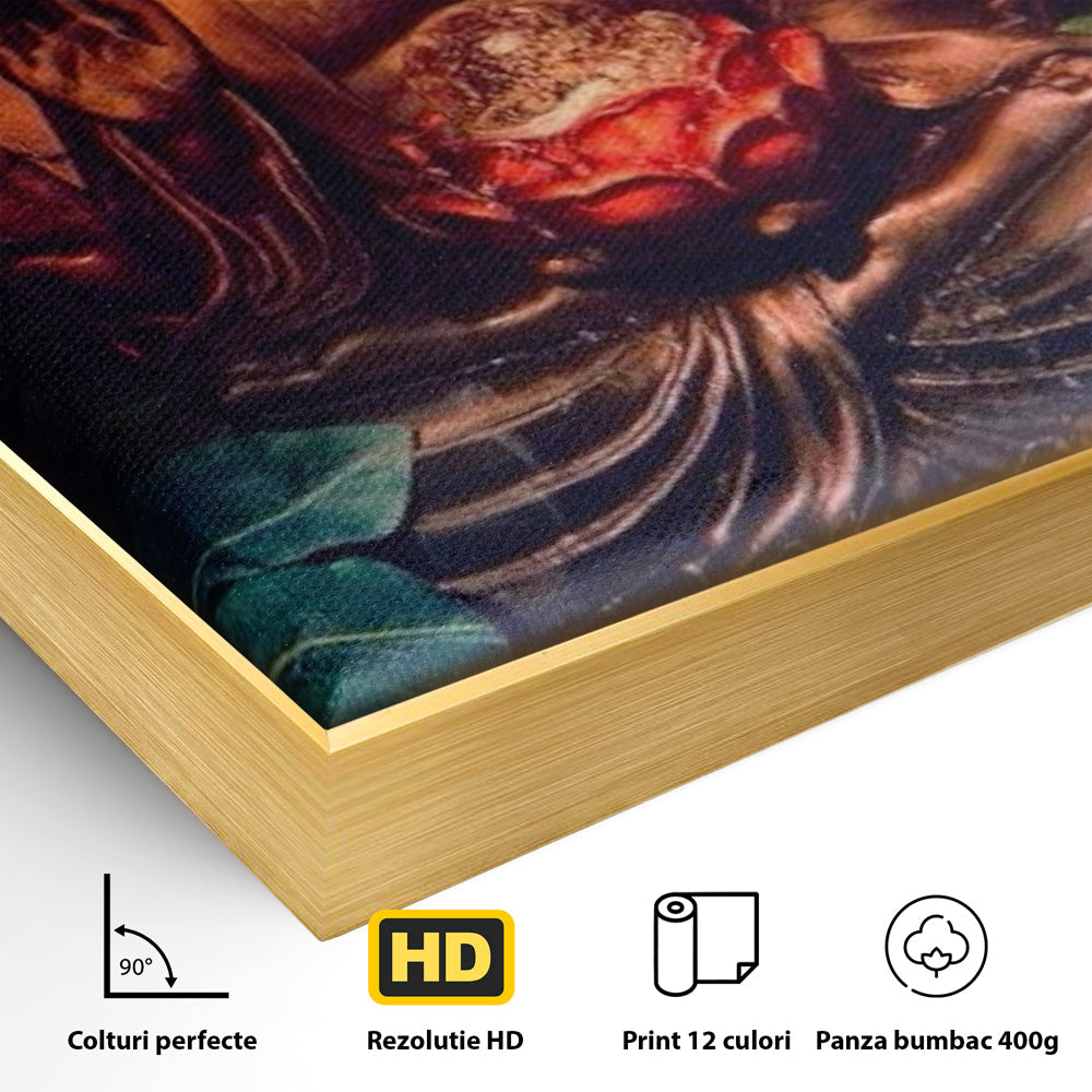 Detaliu al suprafetei: tablou canvas cu statuie buddha in meditatie, in rama de aluminiu auriu