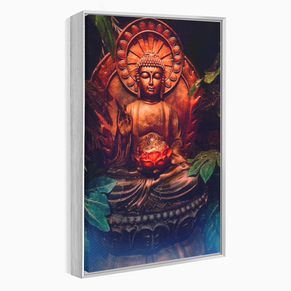 Tablou canvas cu tablou canvas cu statuie buddha in meditatie, in rama de aluminiu argintiu