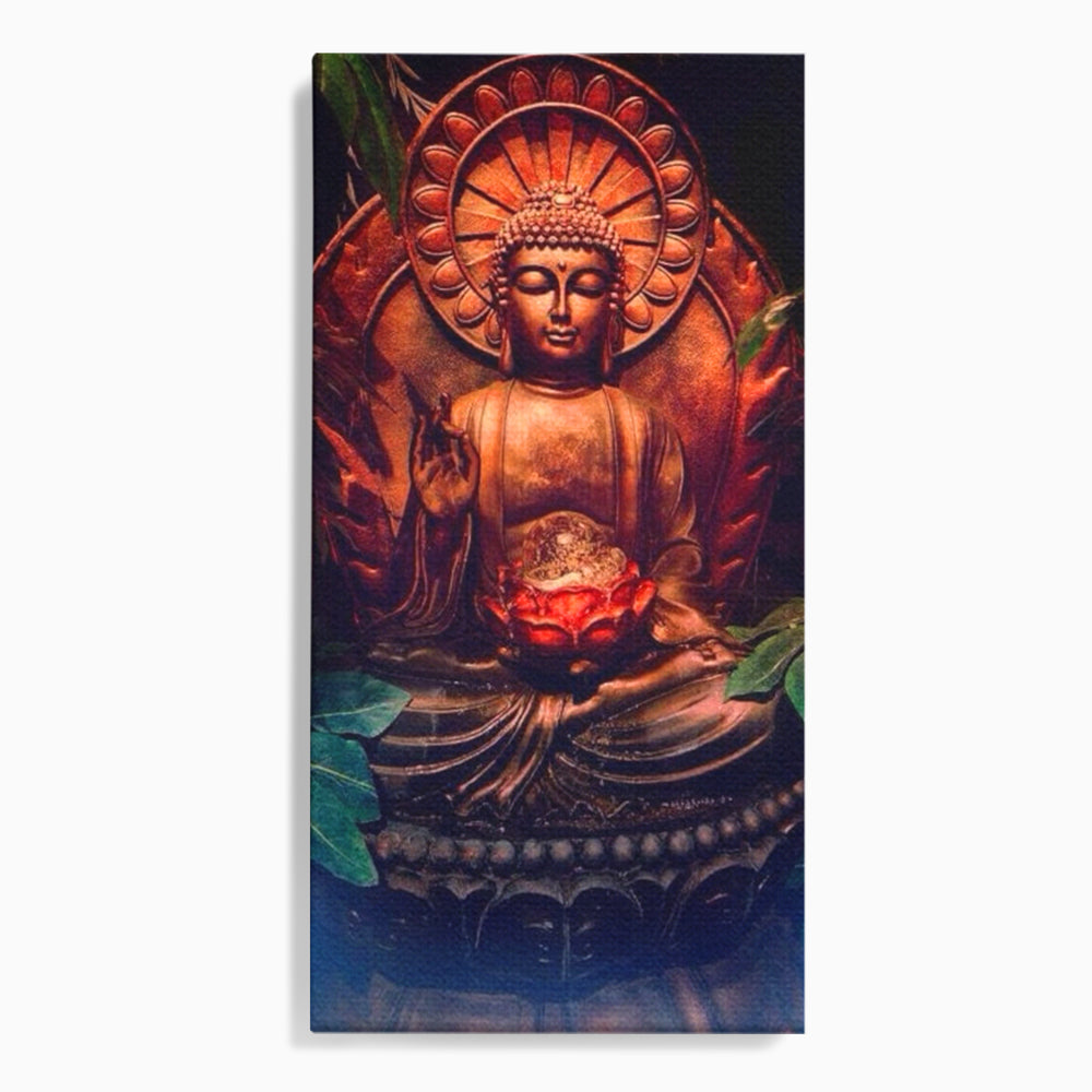 Tablou canvas cu tablou canvas cu statuie buddha in meditatie, fara rama, pe sasiu de lemn