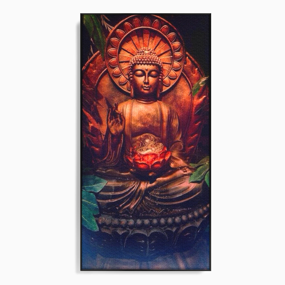 Tablou canvas cu tablou canvas cu statuie buddha in meditatie, in rama de aluminiu negru