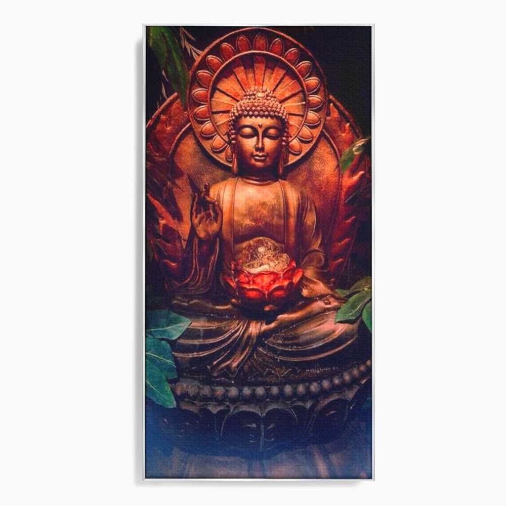 Tablou canvas cu tablou canvas cu statuie buddha in meditatie, in rama de aluminiu argintiu