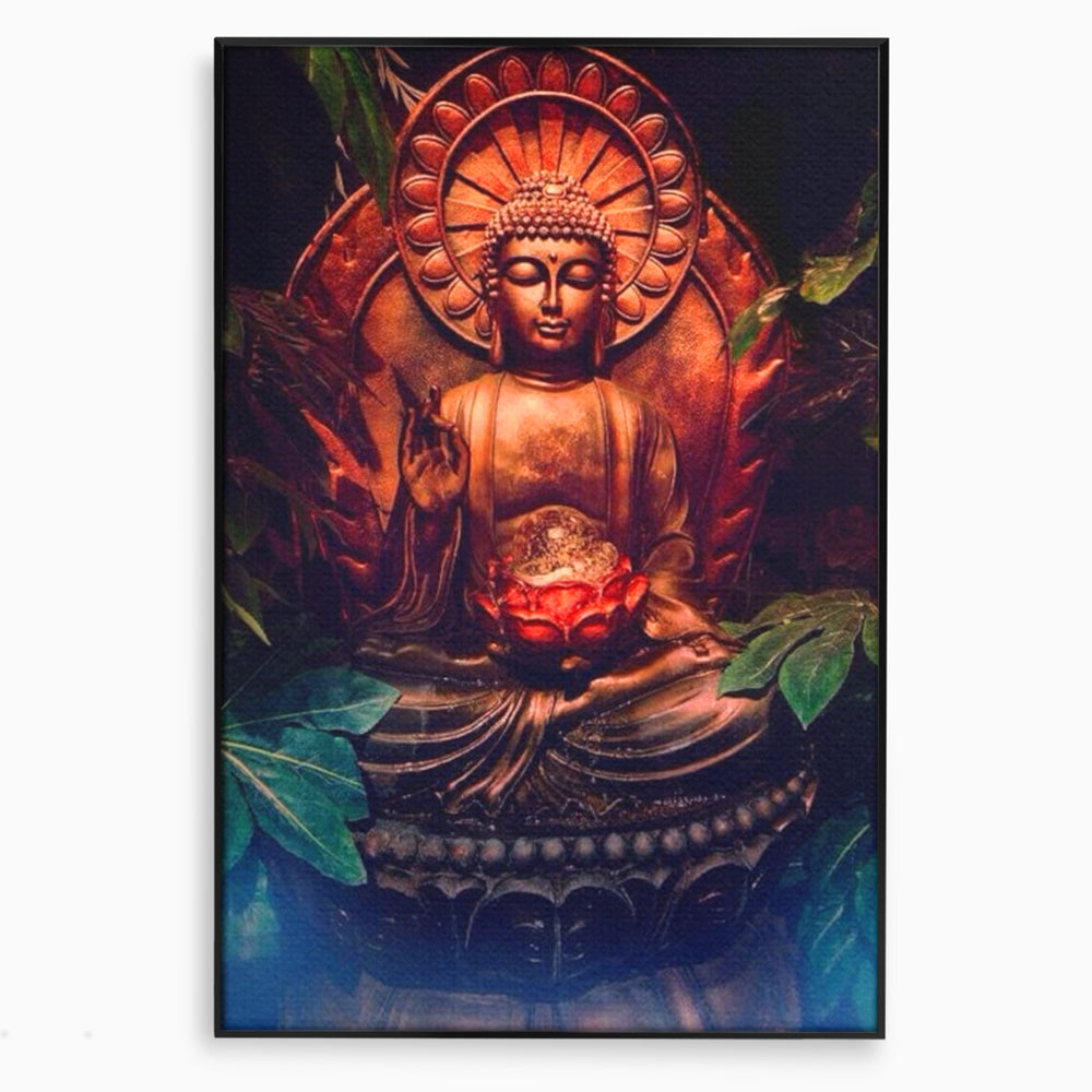 Tablou canvas cu tablou canvas cu statuie buddha in meditatie, in rama de aluminiu negru