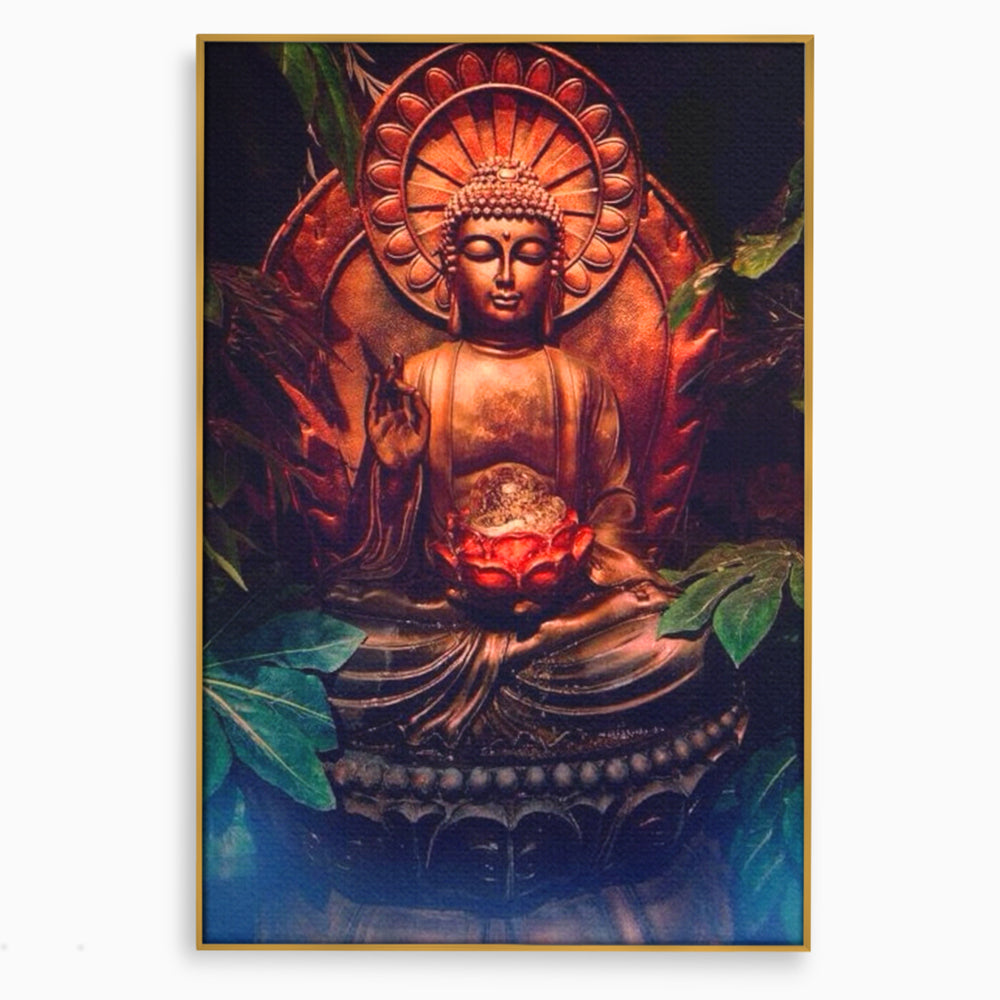 Tablou canvas cu tablou canvas cu statuie buddha in meditatie, in rama de aluminiu auriu
