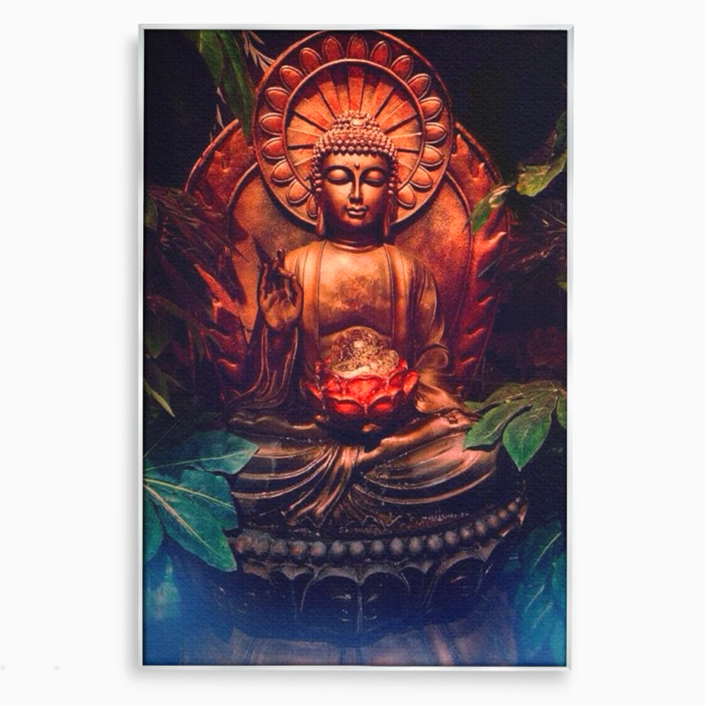 Tablou canvas cu tablou canvas cu statuie buddha in meditatie, in rama de aluminiu argintiu