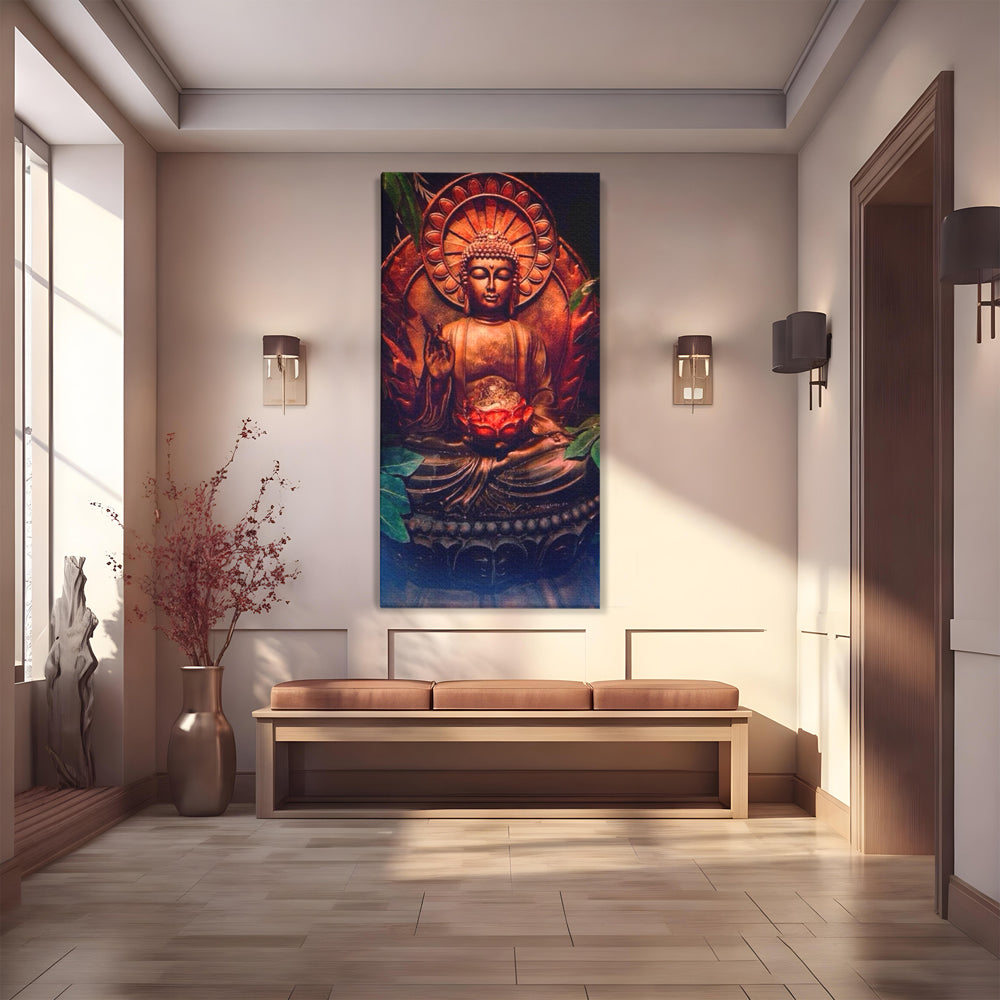 Tablou canvas cu tablou canvas cu statuie buddha in meditatie, fara rama, pe sasiu de lemn