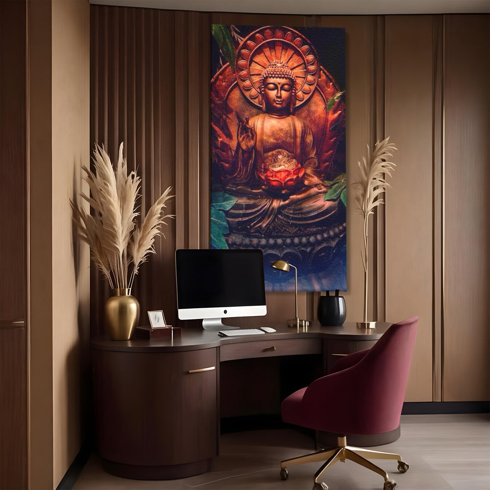 Tablou canvas cu tablou canvas cu statuie buddha in meditatie, fara rama, pe sasiu de lemn, pe perete intr-un birou