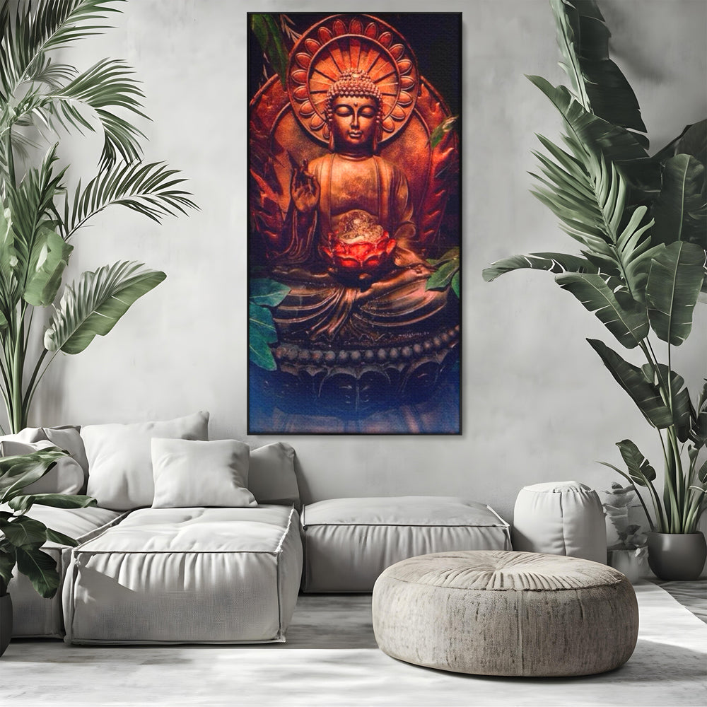Tablou canvas cu tablou canvas cu statuie buddha in meditatie, in rama de aluminiu negru, pe perete intr-un living