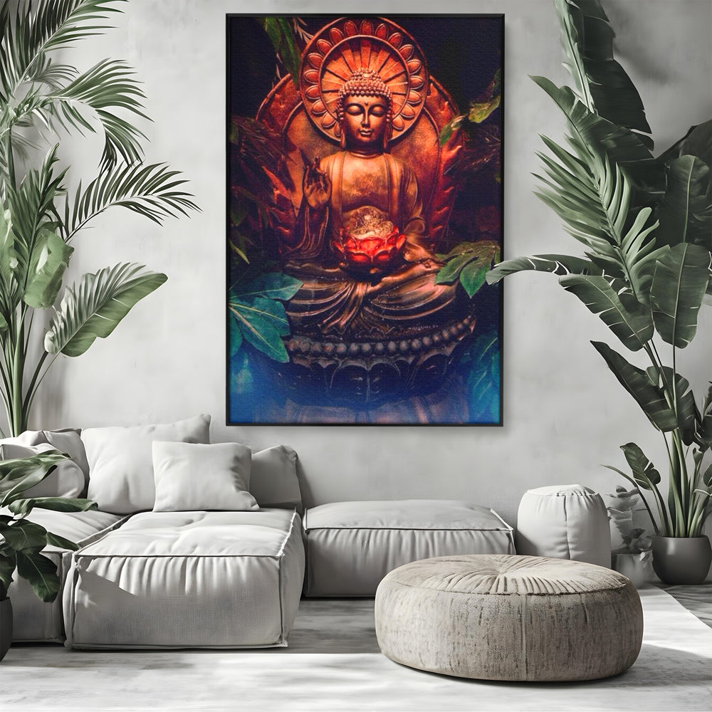 Tablou canvas cu tablou canvas cu statuie buddha in meditatie, in rama de aluminiu negru, pe perete intr-un living