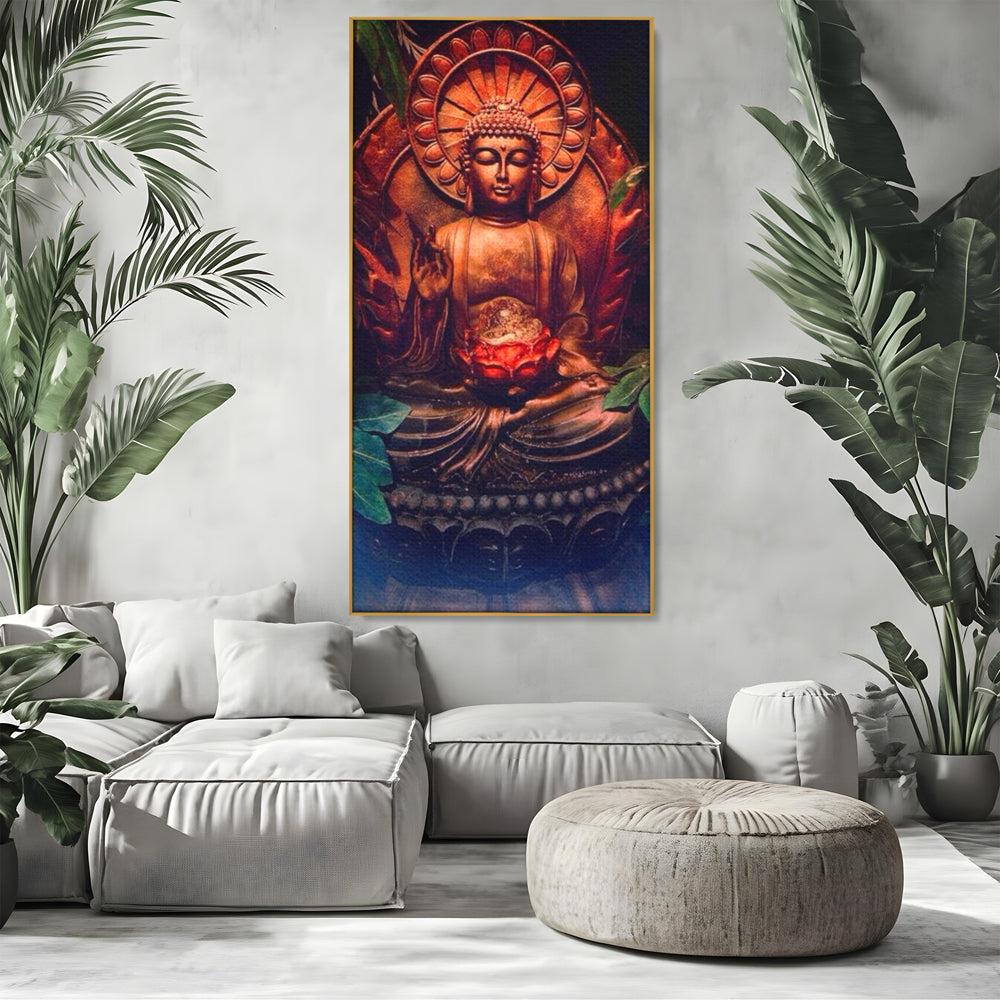 Tablou canvas cu tablou canvas cu statuie buddha in meditatie, in rama de aluminiu auriu, pe perete intr-un living