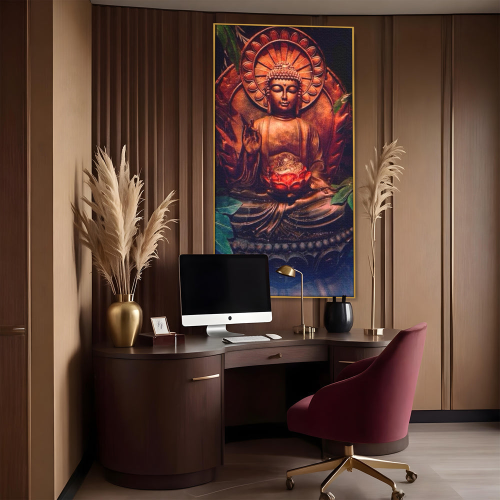 Tablou canvas cu tablou canvas cu statuie buddha in meditatie, in rama de aluminiu auriu, pe perete intr-un birou