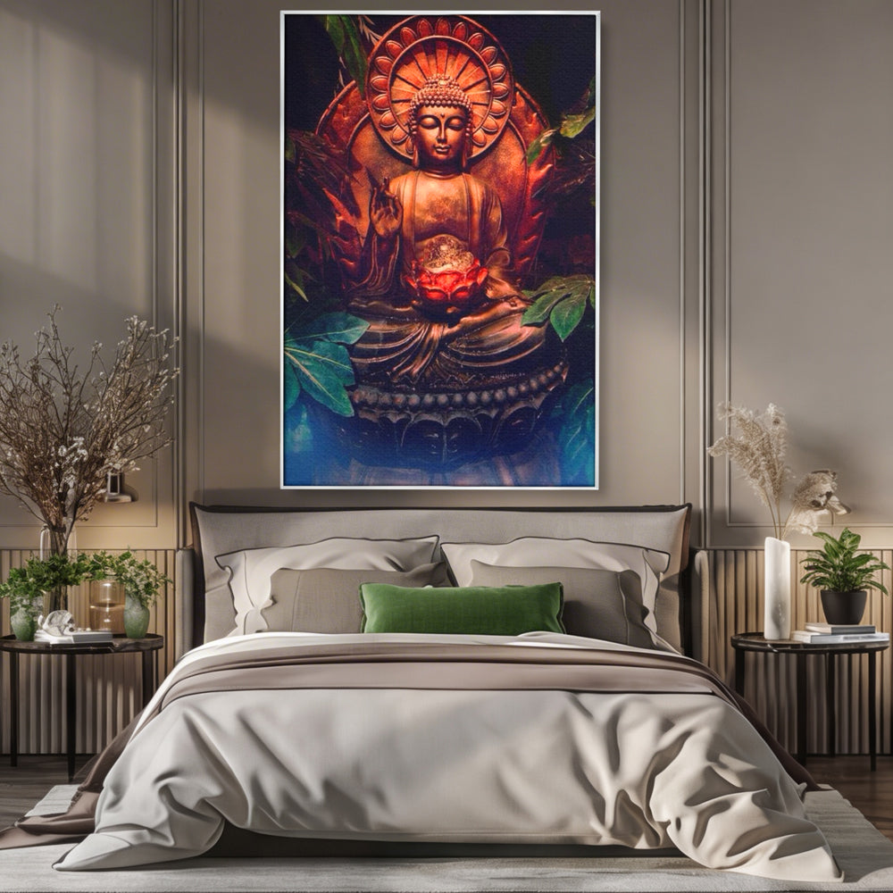 Tablou canvas cu tablou canvas cu statuie buddha in meditatie, in rama de aluminiu argintiu, pe perete intr-un dormitor
