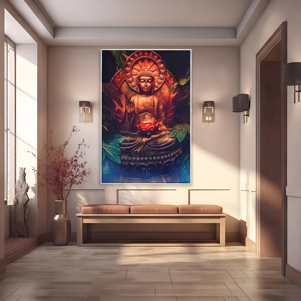 Tablou canvas cu tablou canvas cu statuie buddha in meditatie, in rama de aluminiu argintiu
