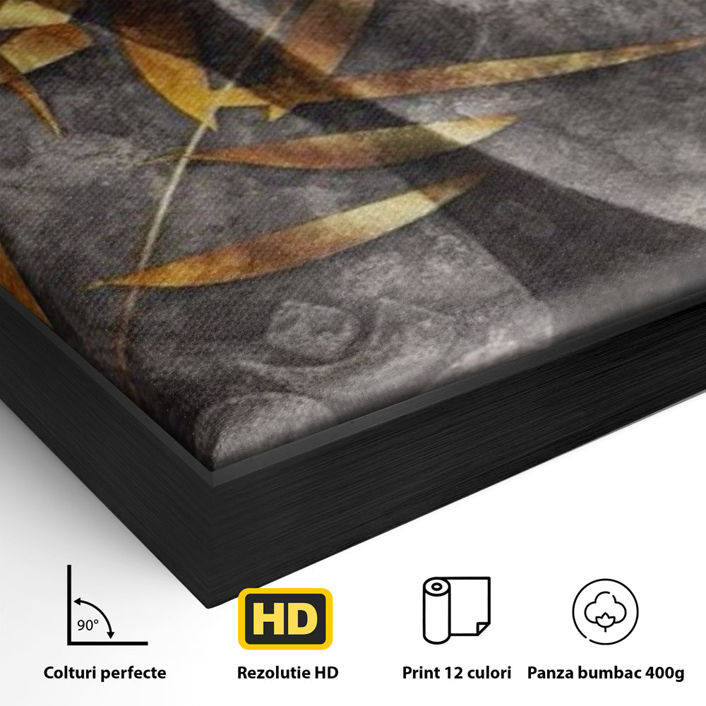 Detaliu al suprafetei: tablou canvas cu chip de budha, in rama de aluminiu negru
