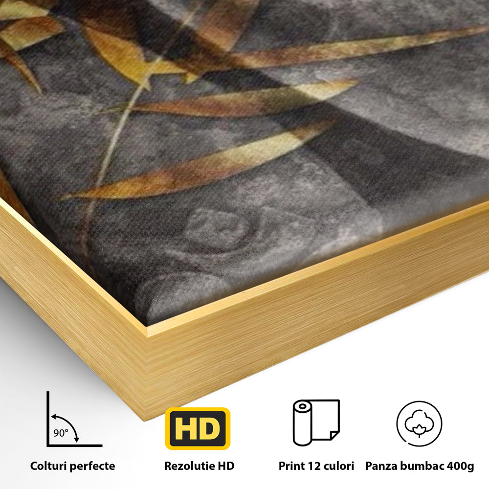 Detaliu al suprafetei: tablou canvas cu chip de budha, in rama de aluminiu auriu