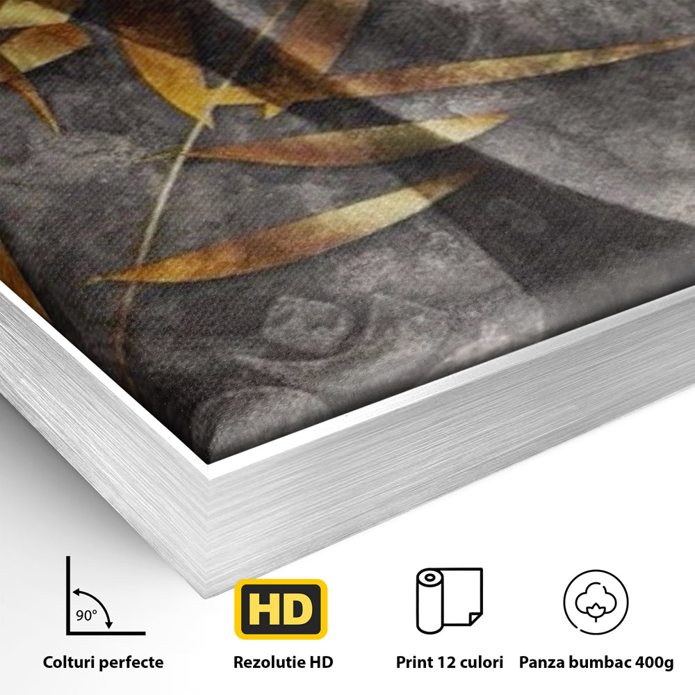 Detaliu al suprafetei: tablou canvas cu chip de budha, in rama de aluminiu argintiu