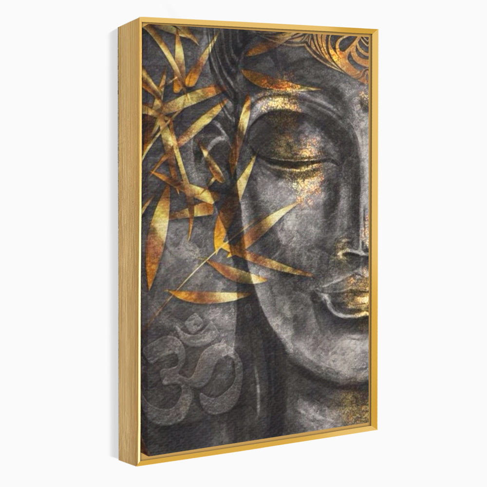 Tablou canvas cu tablou canvas cu chip de budha, in rama de aluminiu auriu