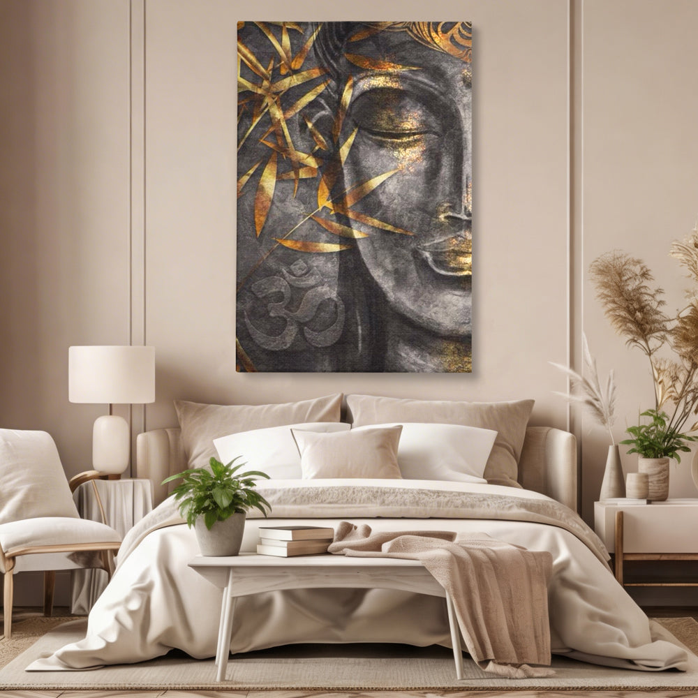 Tablou canvas cu tablou canvas cu chip de budha, fara rama, pe sasiu de lemn, pe perete intr-un dormitor