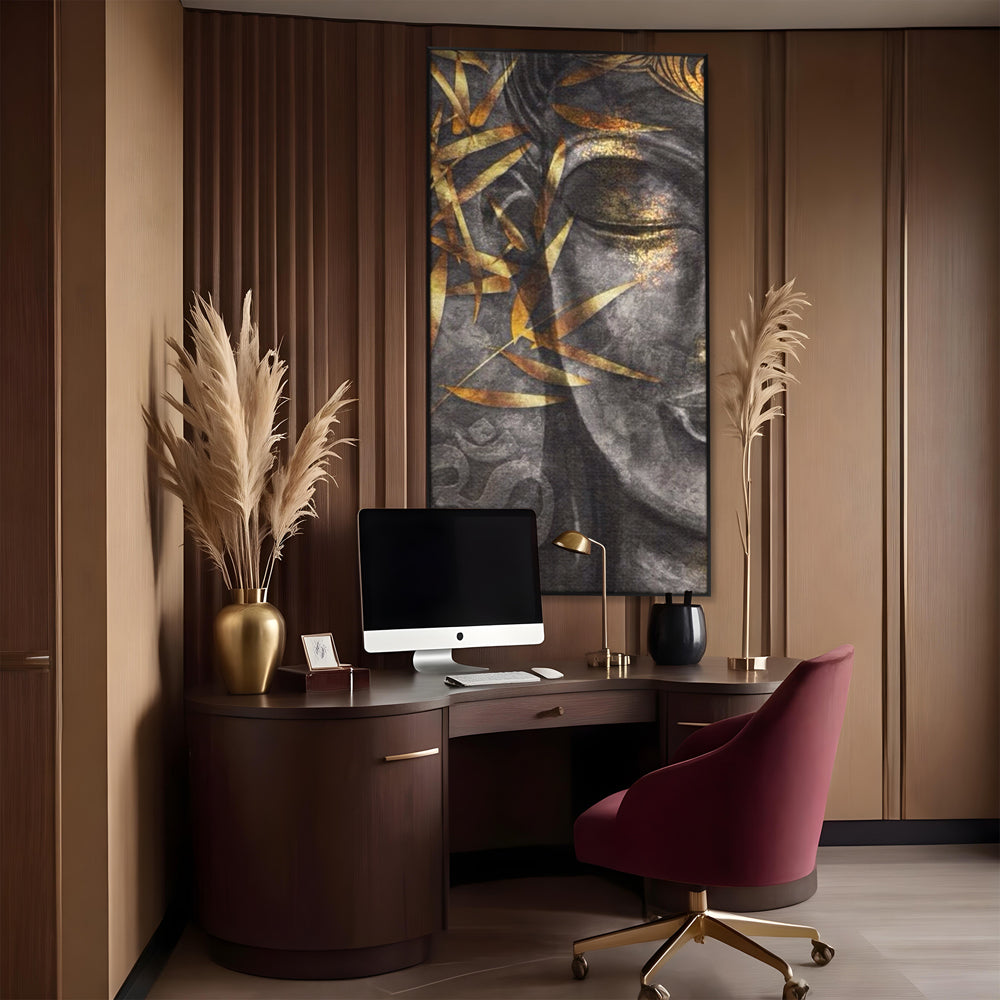 Tablou canvas cu tablou canvas cu chip de budha, in rama de aluminiu negru, pe perete intr-un birou