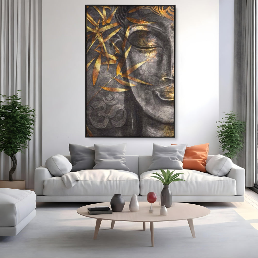 Tablou canvas cu tablou canvas cu chip de budha, in rama de aluminiu negru, pe perete intr-un living