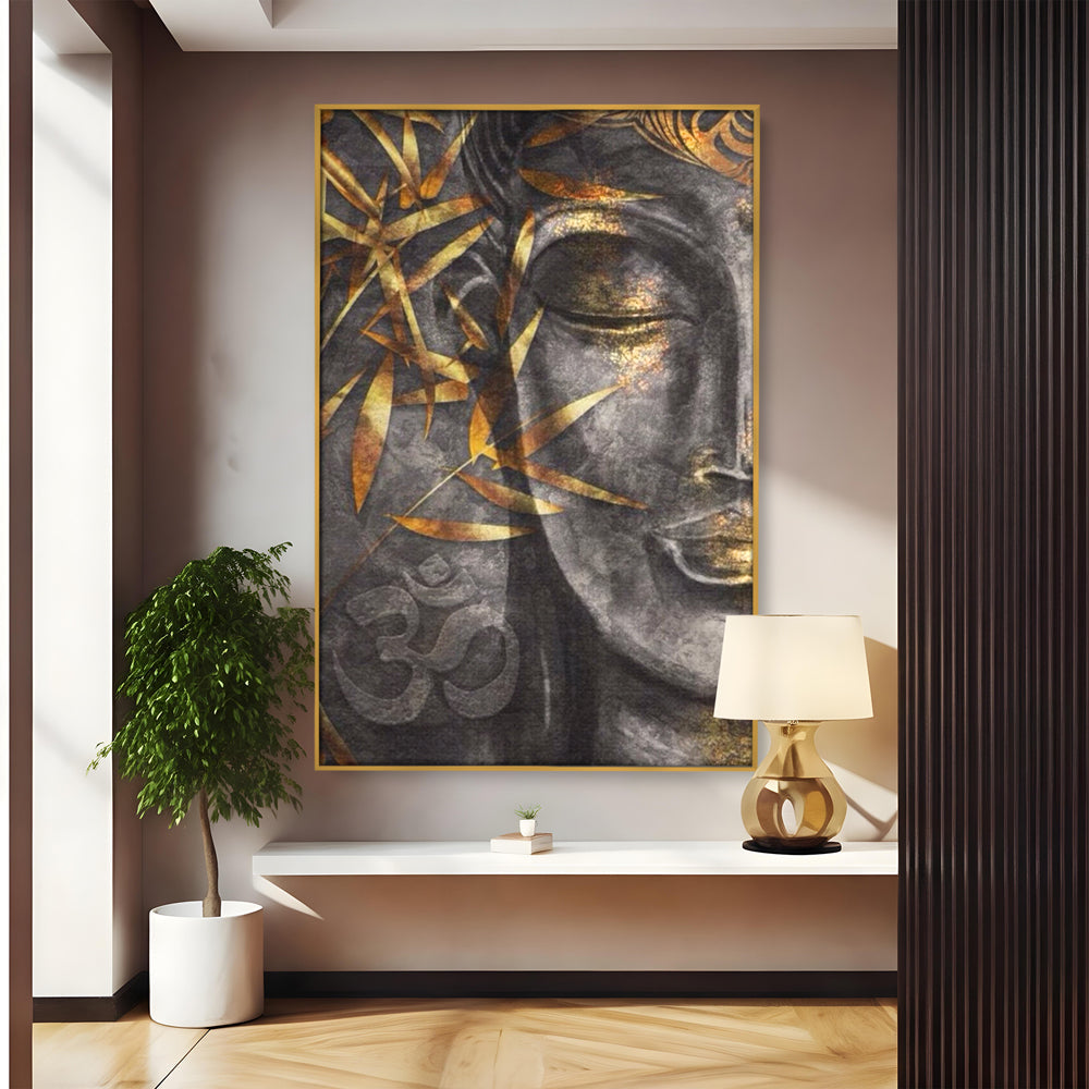 Tablou canvas cu tablou canvas cu chip de budha, in rama de aluminiu auriu