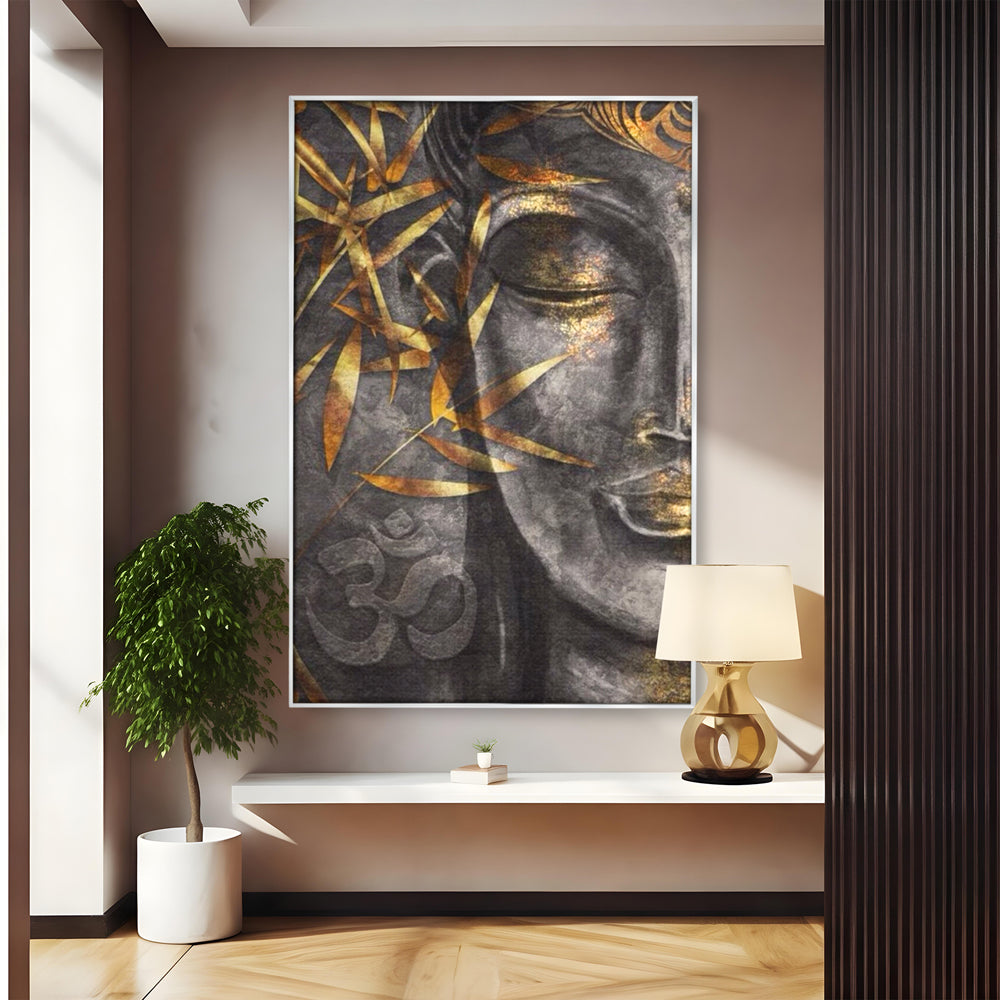 Tablou canvas cu tablou canvas cu chip de budha, in rama de aluminiu argintiu
