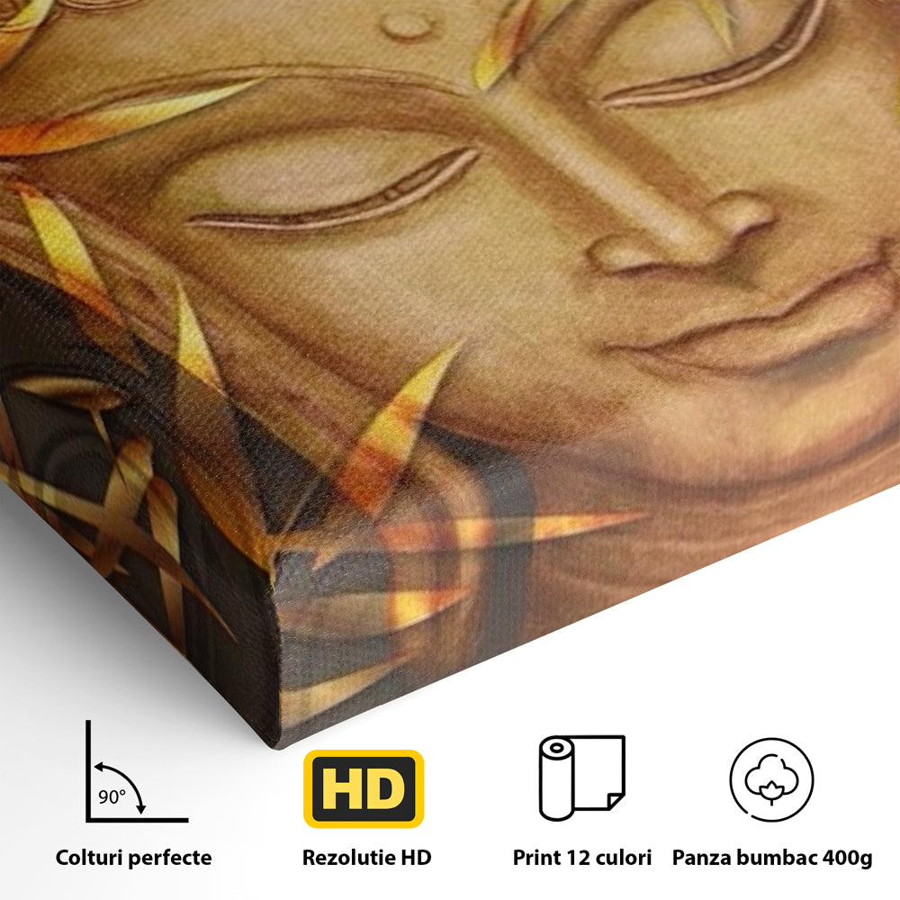 Detaliu al suprafetei: tablou canvas cu chipul lui buddha, fara rama, pe sasiu de lemn