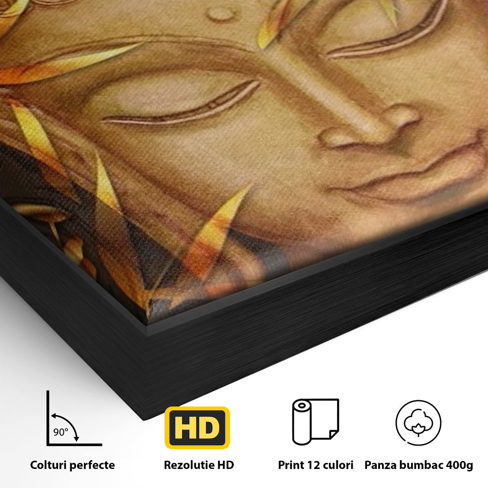 Detaliu al suprafetei: tablou canvas cu chipul lui buddha, in rama de aluminiu negru
