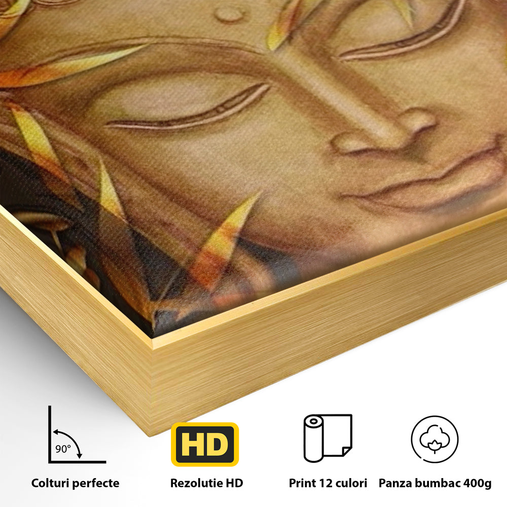 Detaliu al suprafetei: tablou canvas cu chipul lui buddha, in rama de aluminiu auriu