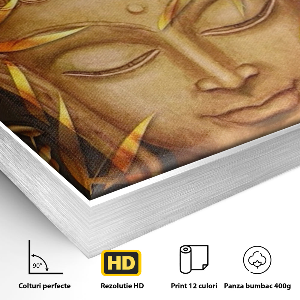 Detaliu al suprafetei: tablou canvas cu chipul lui buddha, in rama de aluminiu argintiu
