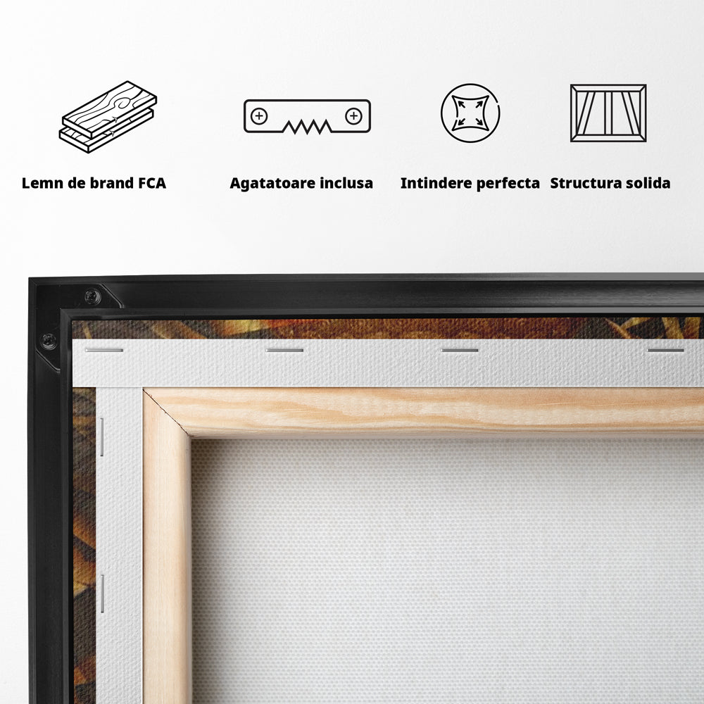 Spatele produsului, cu sasiu din lemn, capse metalice si agatatoare