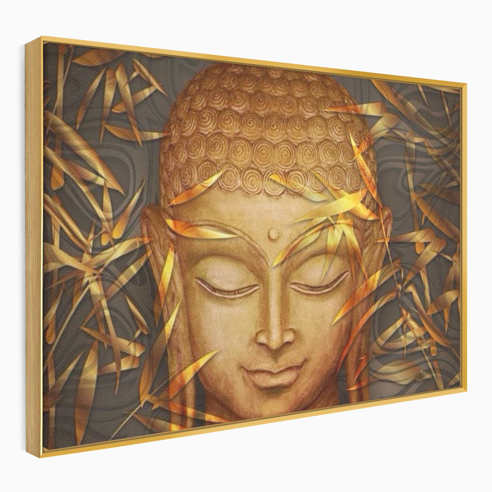 Tablou canvas cu tablou canvas cu chipul lui buddha, in rama de aluminiu auriu
