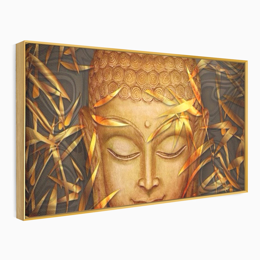 Tablou canvas cu tablou canvas cu chipul lui buddha, in rama de aluminiu auriu