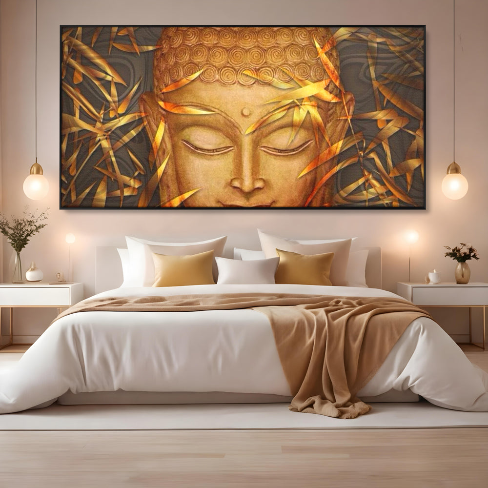 Tablou canvas cu tablou canvas cu chipul lui buddha, in rama de aluminiu negru, pe perete intr-un dormitor