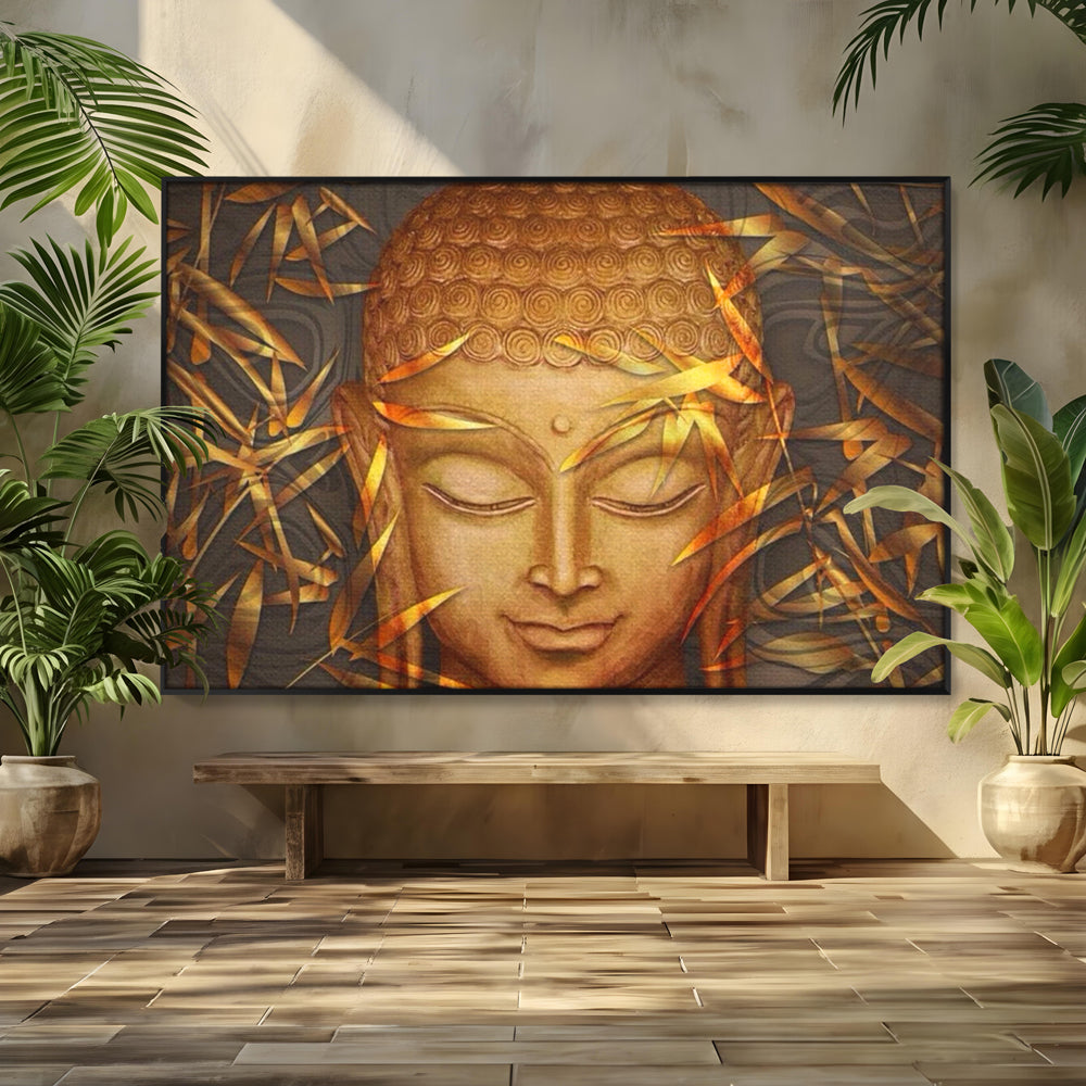 Tablou canvas cu tablou canvas cu chipul lui buddha, in rama de aluminiu negru