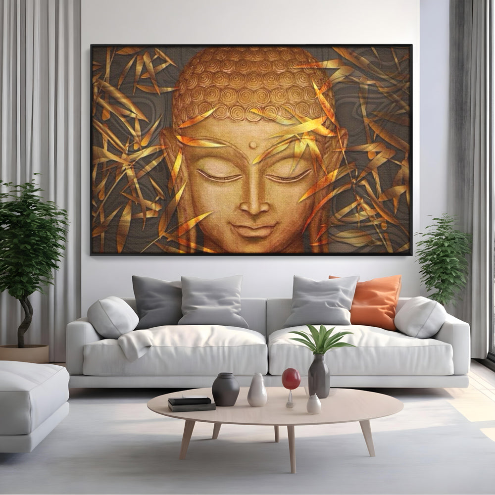Tablou canvas cu tablou canvas cu chipul lui buddha, in rama de aluminiu negru, pe perete intr-un living