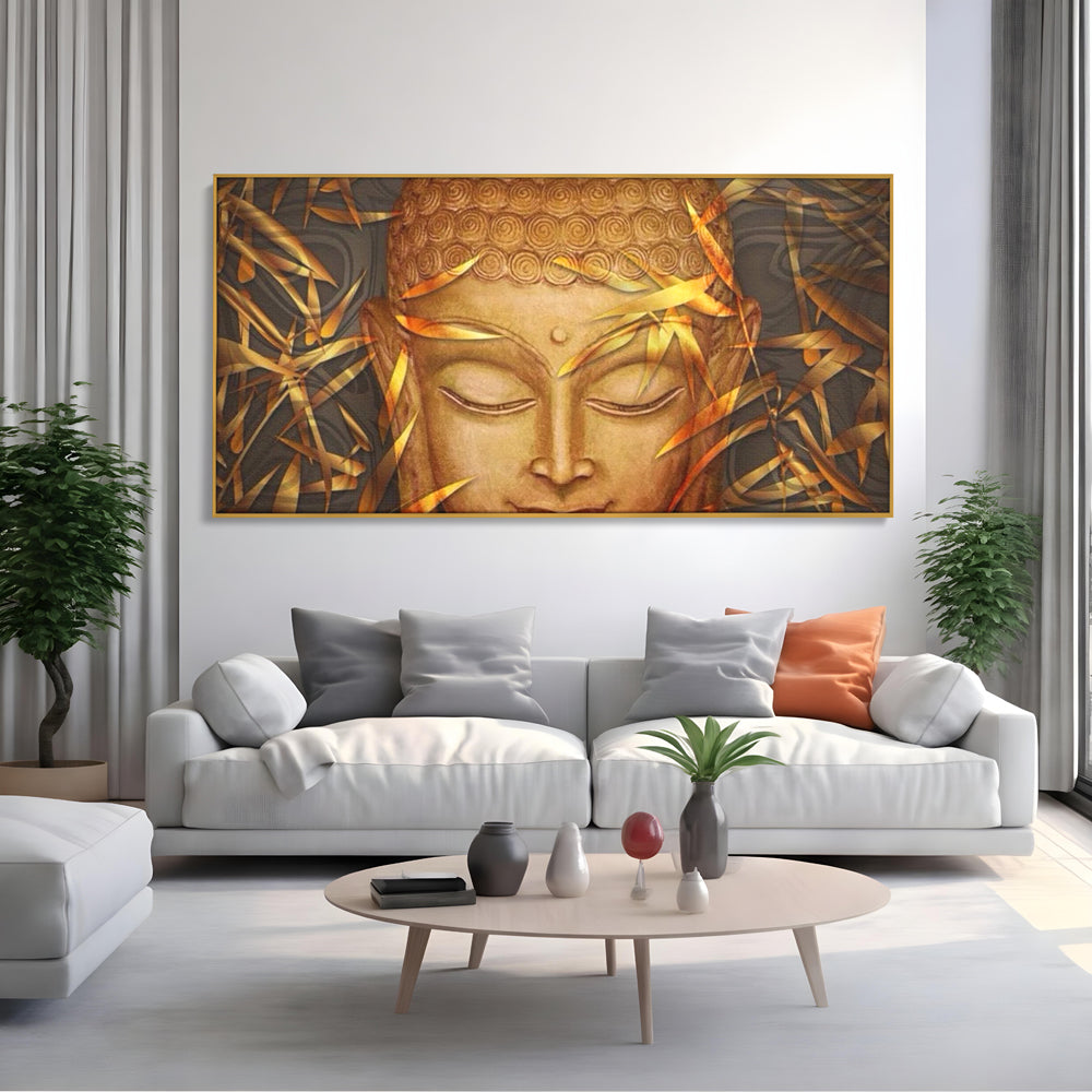 Tablou canvas cu tablou canvas cu chipul lui buddha, in rama de aluminiu auriu, pe perete intr-un living